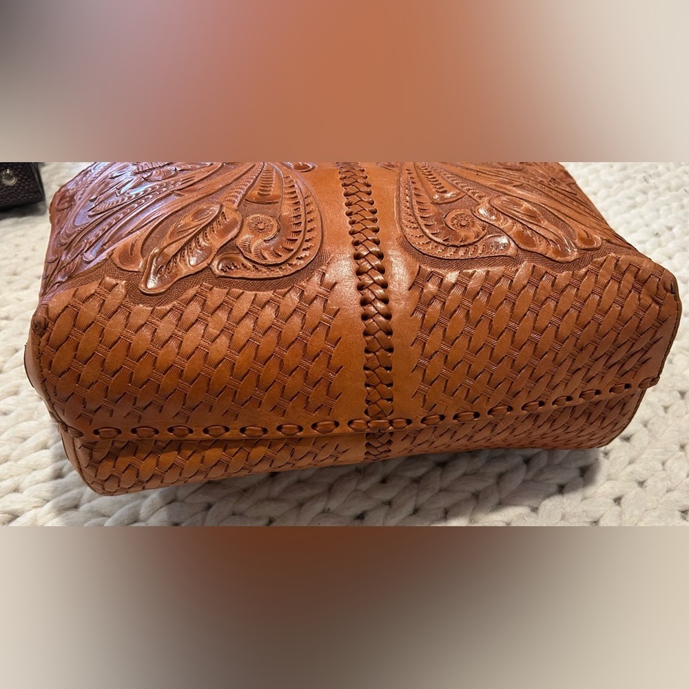 Alejandro Yeo Brown Leather Shoulder bag braided handle structured tote tooled - Picture 9 of 14